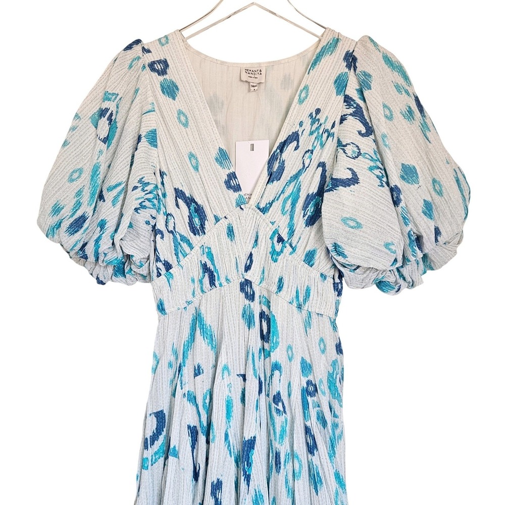 Hemant & Nandita Blue Ikat Floral Puff Sleeve Midi Dress White Metallic Sz Small - Picture 4 of 10